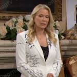 Brooke’s white blazer with writing print on The Bold and the Beautiful