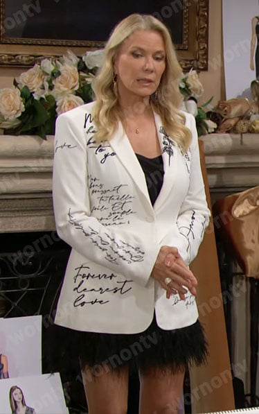 Brooke's white blazer with writing print on The Bold and the Beautiful