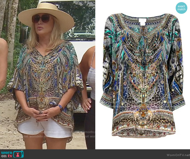 Camilla Animal army-print silk blouse worn by Shannon Beador on The Real Housewives of Orange County