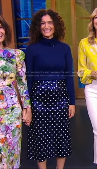 Cara Mentzel's navy sweater and sequin polka dot skirt on Good Morning America