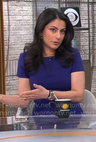 Dr. Celine Gounder's purple short sleeve dress on CBS Mornings