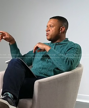 Craig Melvin’s teal green cable knit hoodie sweater on Today