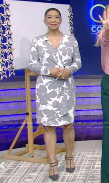 Deja Vu’s white and gray floral wrap dress on Live with Kelly and Mark