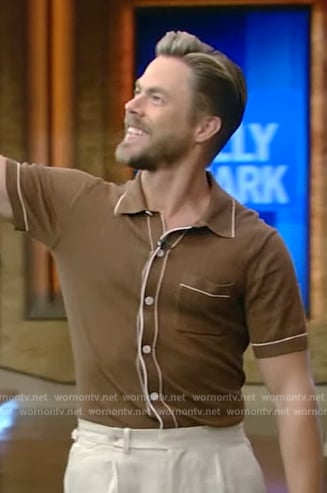 Derek Hough's brown contrast ribbed polo on Live with Kelly and Mark