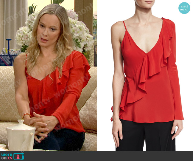 Diane von Furstenberg Silk Asymmetric Ruffle Blouse worn by Donna Logan (Jennifer Gareis) on The Bold and the Beautiful