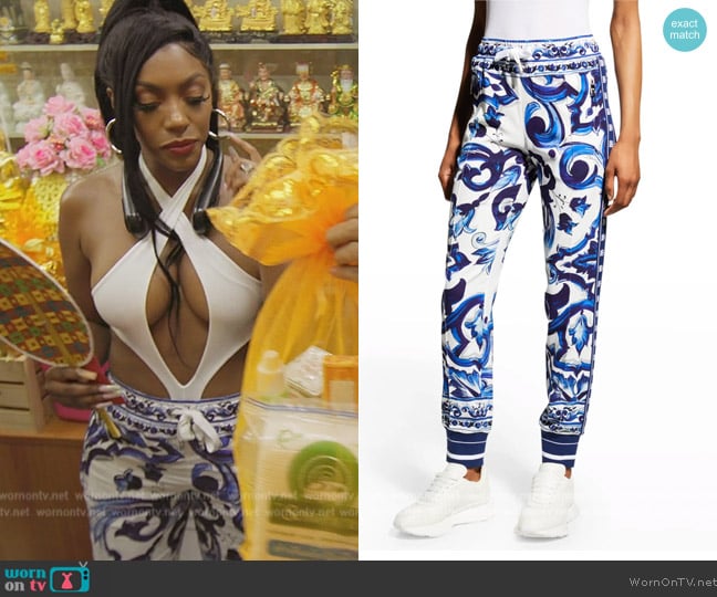 Dolce and Gabbana Cady Blu Mediterraneo Printed Sweatpants worn by  on The Real Housewives Ultimate Girls Trip