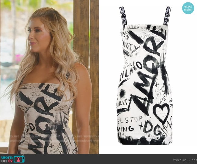 Dolce and Gabbana DG graffiti print charmeuse minidress worn by Alexandra Rose (Alexandra Rose) on Selling the OC