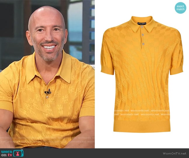 Dolce and Gabbana Jacquard-patterned silk polo shirt worn by Jason Oppenheim on Access Hollywood