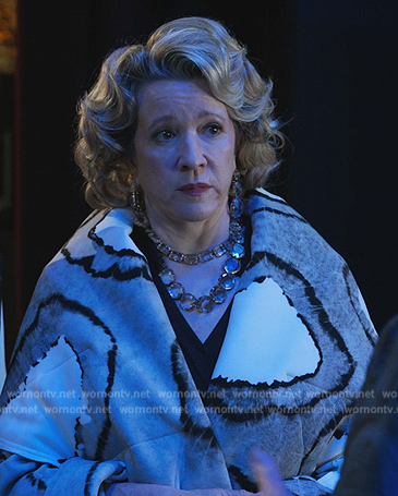 Donna's printed wrap coat on Only Murders in the Building