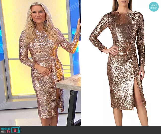 Dress the Population Micah Dress in Soft Gold worn by Rachel Reynolds on The Price is Right