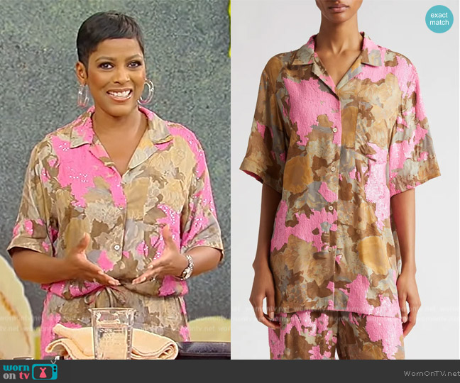 Dries Van Noten Clive Floral Sequin Short Sleeve Button-Up Shirt worn by Tamron Hall on Tamron Hall Show