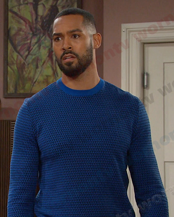 Eli's blue geometric sweater on Days of our Lives