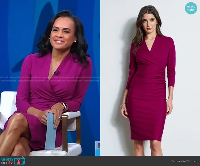 Elie Tahari Ruched Wrap Knit Dress in Boysenberry worn by Linsey Davis on Good Morning America