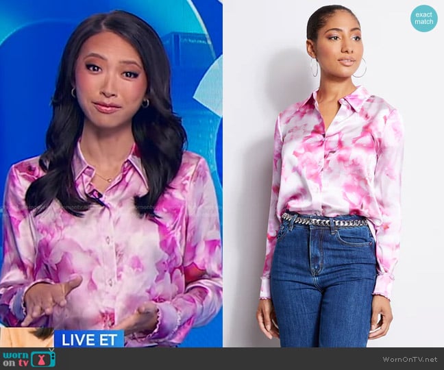 Elie Tahari Silk Satin Watercolor Floral Shirt worn by Jacklyn Lee on Good Morning America