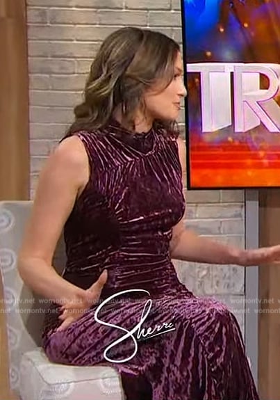 Elizabeth Wagmeister's purple ruched sleeveless dress on Sherri