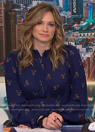 Ellison Barber's navy floral long sleeve dress on NBC News Daily