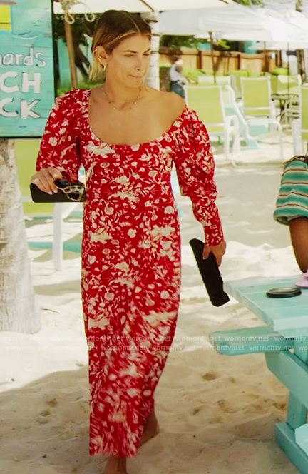 Erin's red floral print square neck dress on The Real Housewives of New York City