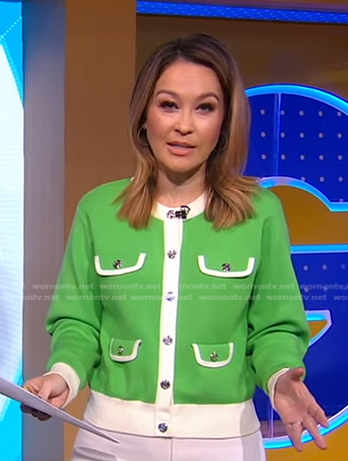 Eva's green contrast trim cardigan on Good Morning America