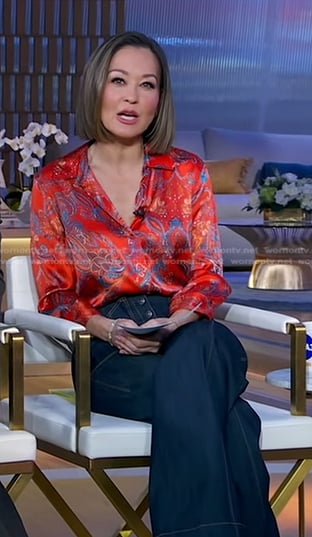 Eva's red paisley print blouse and jeans on Good Morning America