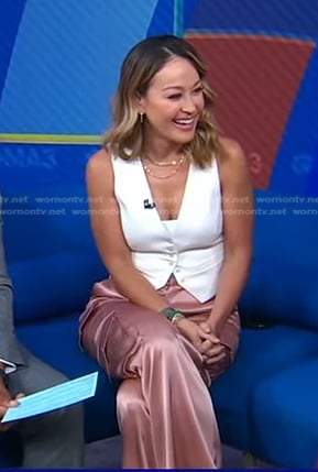 Eva’s white vest and pink satin cargo pants on Good Morning America