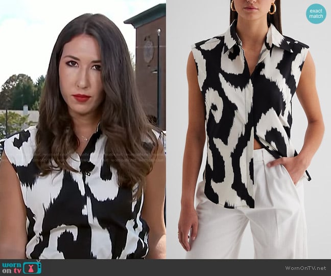 Express Printed Tapered Sleeveless Button Up Shirt worn by Marissa Parra on NBC News Daily