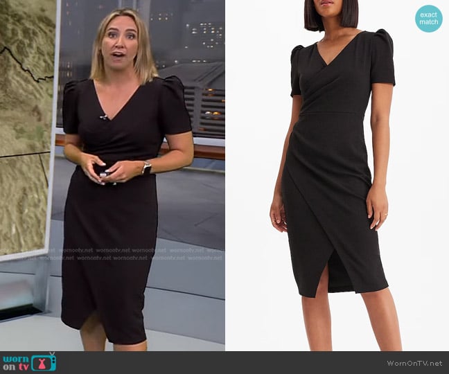 Express V-Neck Puff Sleeve Faux Wrap Sheath Midi Dress worn by Alex Wilson on CBS Evening News