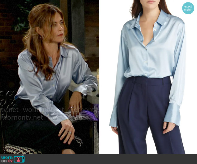 Frame The Standard Silk Shirt in Chambray Blue worn by Victoria Newman (Amelia Heinle) on The Young and the Restless