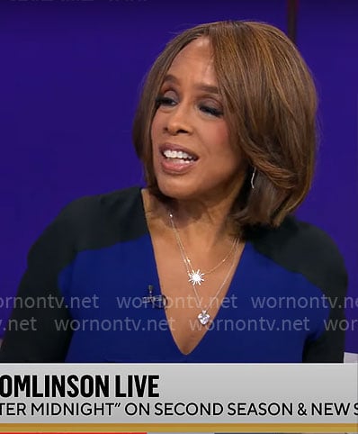 Gayle King's blue and black colorblock dress on CBS Mornings