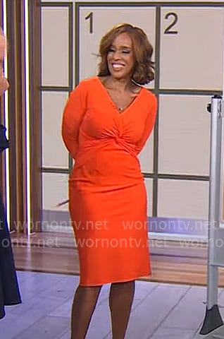 Gayle King’s orange twist front dress on CBS Mornings