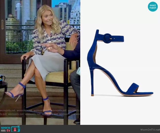 Gianvito Rossi Portofino 105 velvet sandals worn by Kelly Ripa on Live with Kelly and Mark