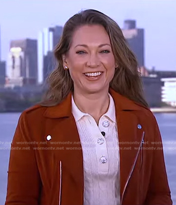 Ginger's white cable knit sweater and moto jacket on Good Morning America