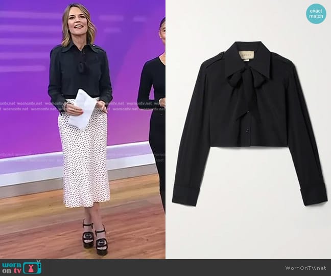 Gucci Cropped Silk Crepe-Trimmed Cotton-Poplin Shirt worn by Savannah Guthrie on Today