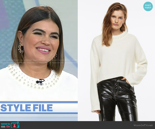 H&M Beaded Sweater in Cream worn by Kathy Buccio on Today