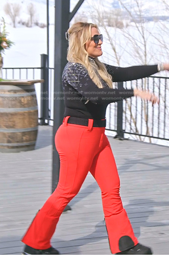 Heather's embellished turtlneck top and red pants on The Real Housewives of Salt Lake City