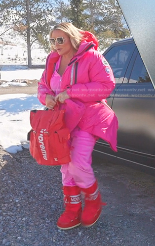Heather's pink puffer jacket and snow boots on The Real Housewives of Salt Lake City