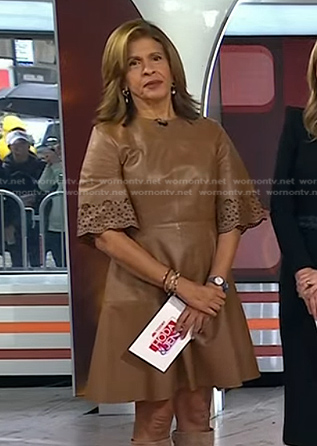 Hoda's brown laser cut sleeve leather dress on Today
