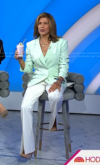 Hoda's mint green blazer and white slit pants on Today