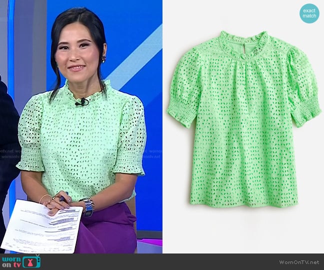 J. Crew Smocked Puff-Sleeve Top in eyelet Frosty Green worn by Vicky Nguyen on Today