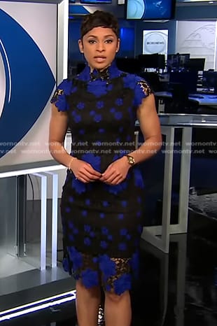 Jericka's black and blue floral lace dress on CBS Evening News