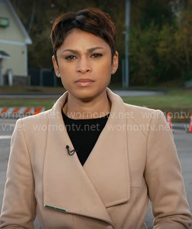 Jericka's beige wrap coat on CBS Evening News