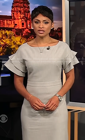 Jericka's grey ruffle sleeve dress on CBS Evening News