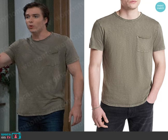 John Varvatos Cooper Cotton Vintage Wash Pocket Tee in Fern worn by Spencer Cassadine (Nicholas Chavez) on General Hospital