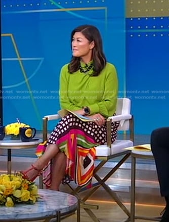 Juju's green blouse and mixed print skirt on Good Morning America