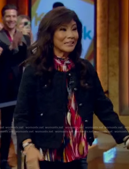 Julie Chen’s multi-colored tie neck top on Live with Kelly and Mark