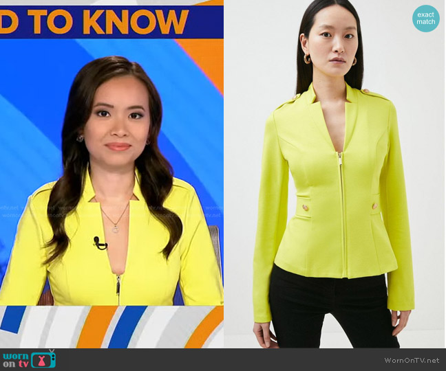 Karen Millen Military Zip Front Ponte Jersey Blazer in Lime worn by Em Nguyen on Good Morning America