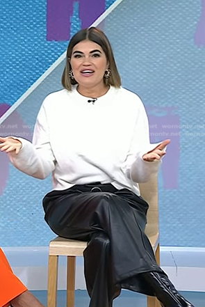 Kathy Buccio’s white pearl neckline sweater and leather pants on Today