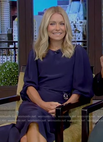 Kelly's navy belted dress on Live with Kelly and Mark