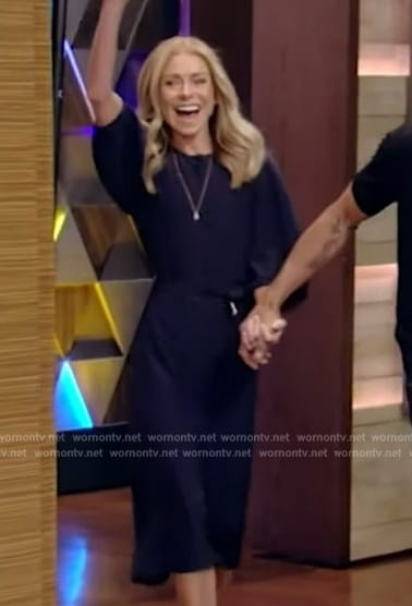 Kelly’s navy belted dress on Live with Kelly and Mark