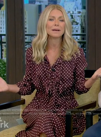 Kelly's burgundy polka dot tie neck dress on Live with Kelly and Mark
