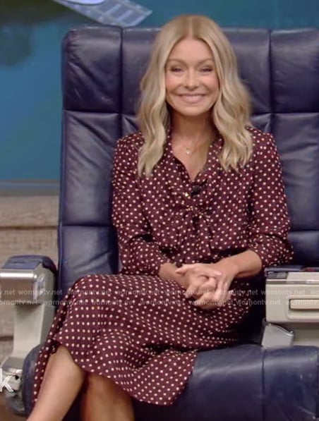 Kelly’s burgundy polka dot tie neck dress on Live with Kelly and Mark